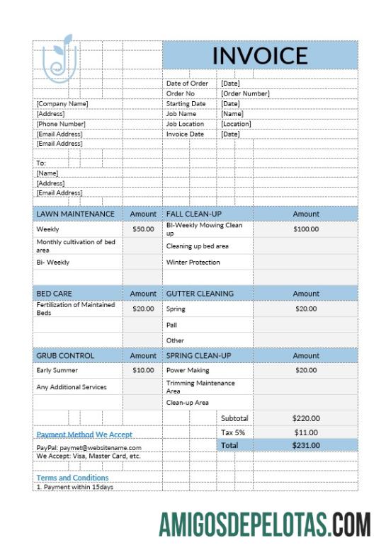 imprimível Modelo de fatura para cuidados com o gramado